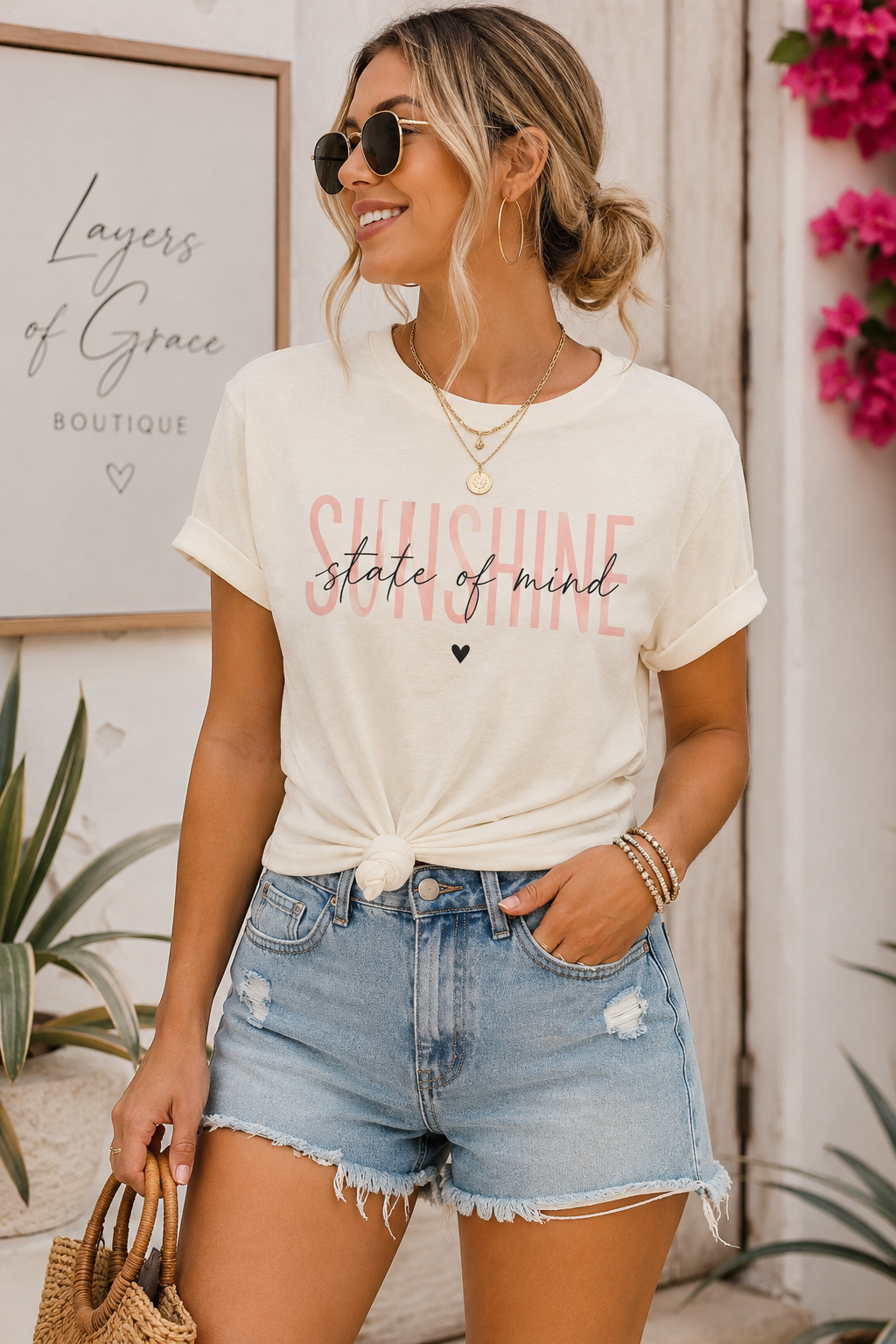 Woman wearing a Sunshine State of Mind graphic tee