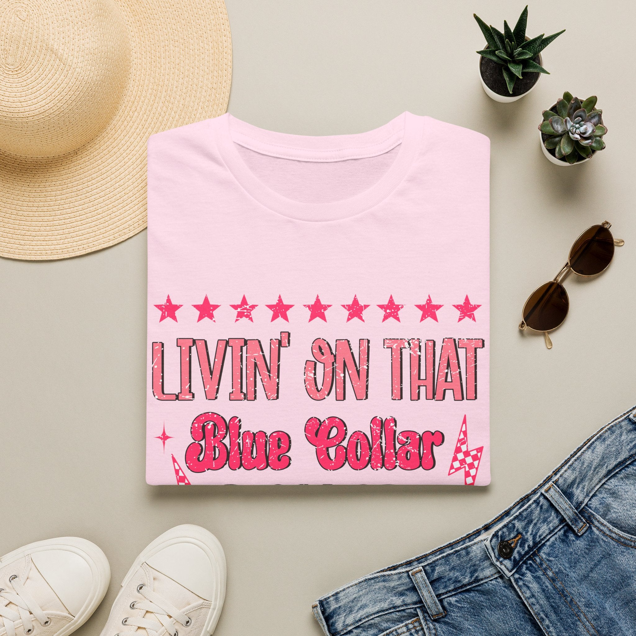 Livin' On That Blue Collar Dollar T-Shirt – Retro Pink Stars Workwear Tee
