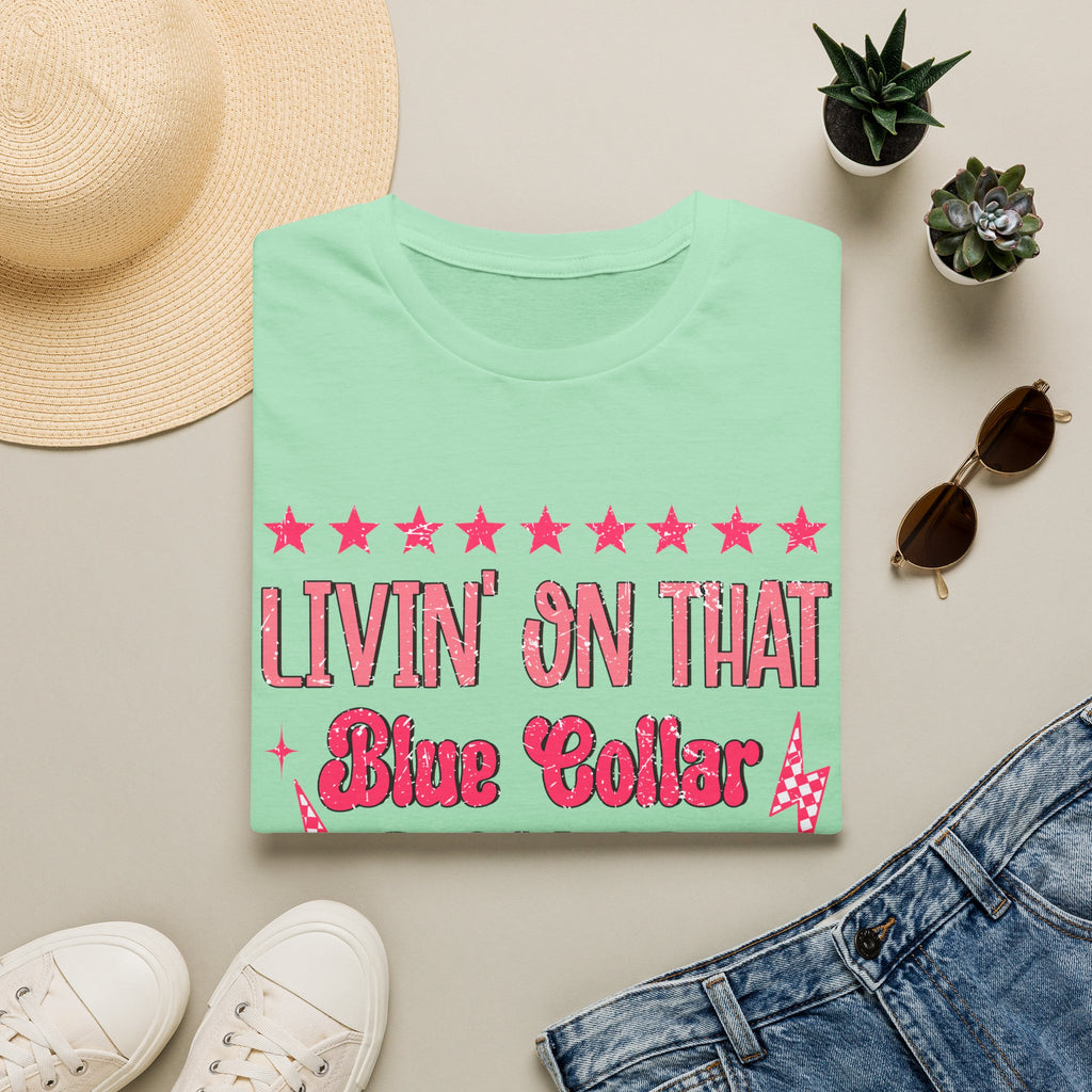 Livin' On That Blue Collar Dollar T-Shirt – Retro Pink Stars Workwear Tee