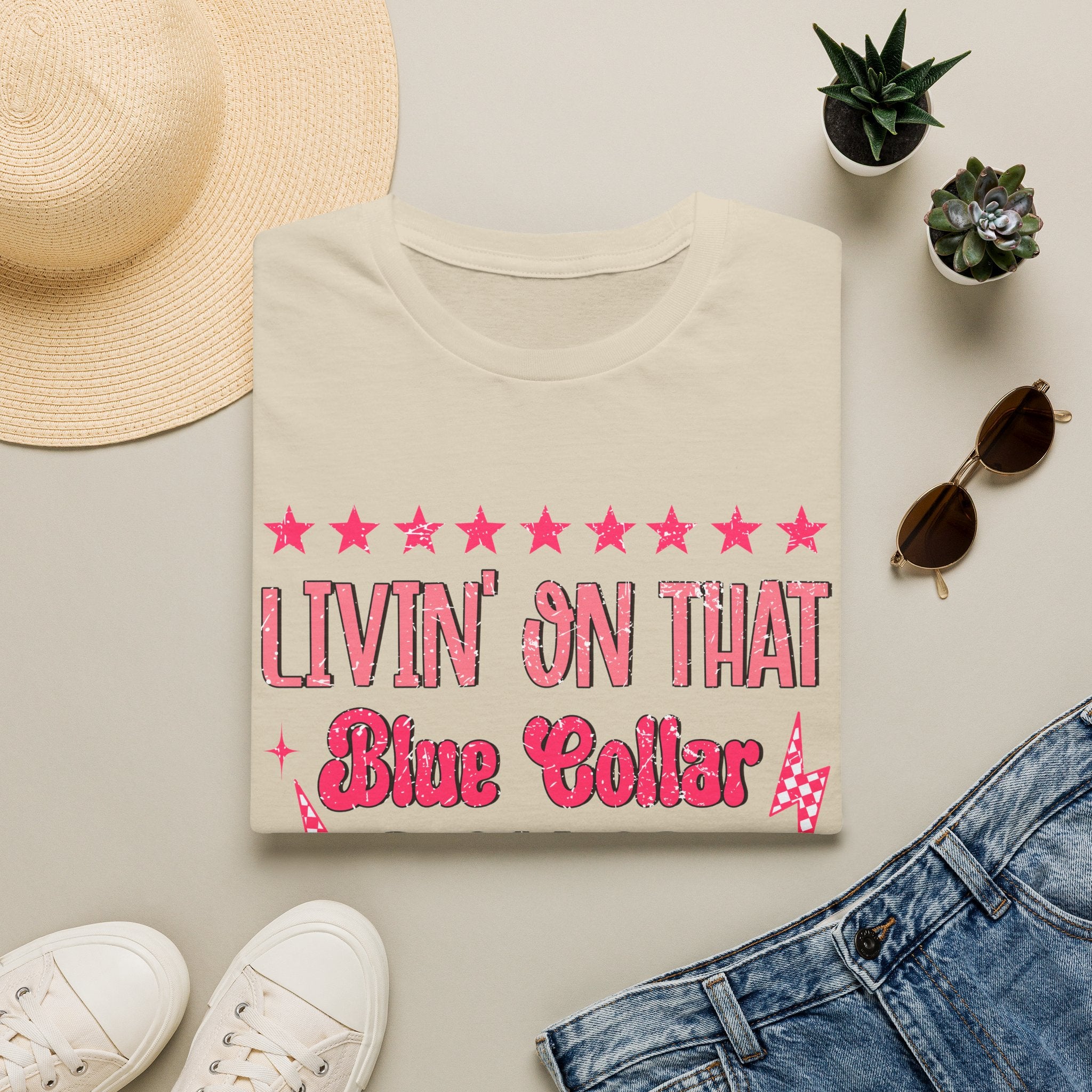 Livin' On That Blue Collar Dollar T-Shirt – Retro Pink Stars Workwear Tee