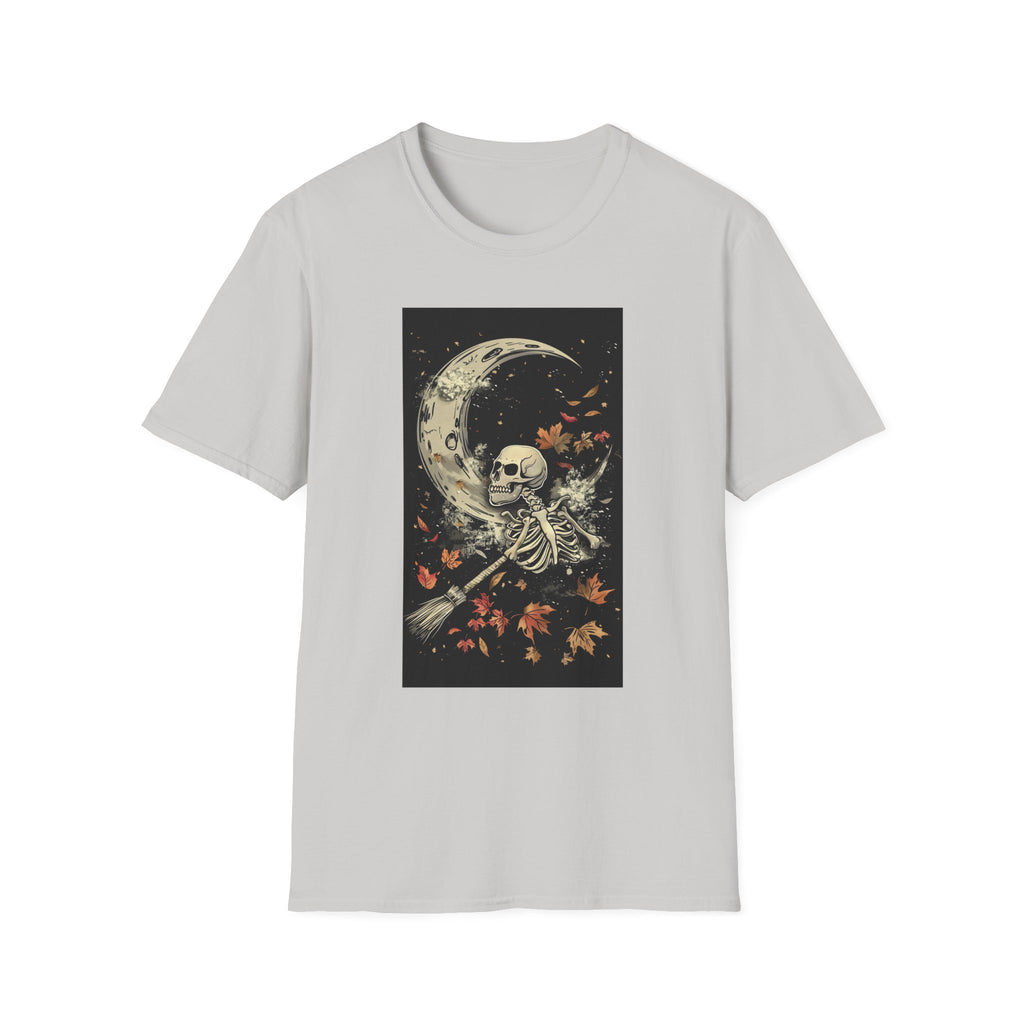Moon Skeleton T-Shirt — Gothic Skull Crescent Moon Tee with Falling Leaves