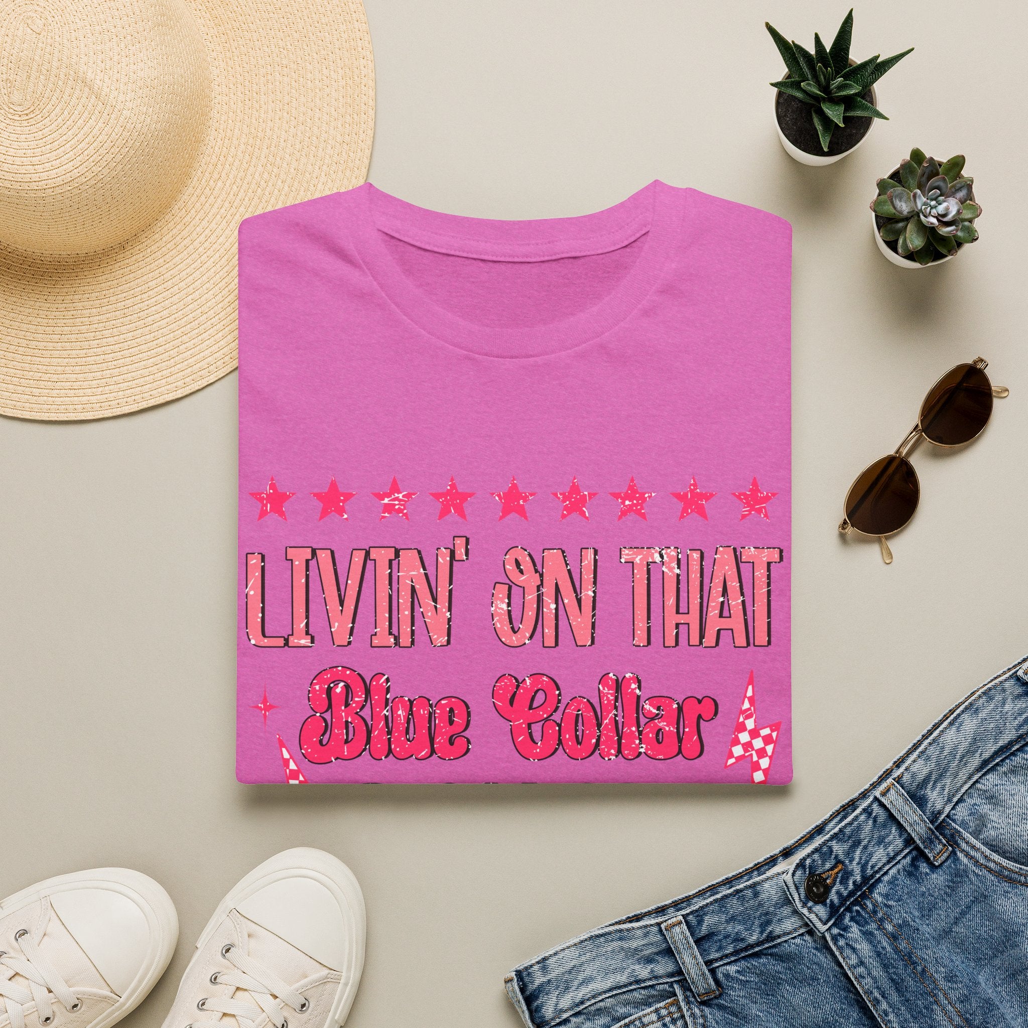Livin' On That Blue Collar Dollar T-Shirt – Retro Pink Stars Workwear Tee