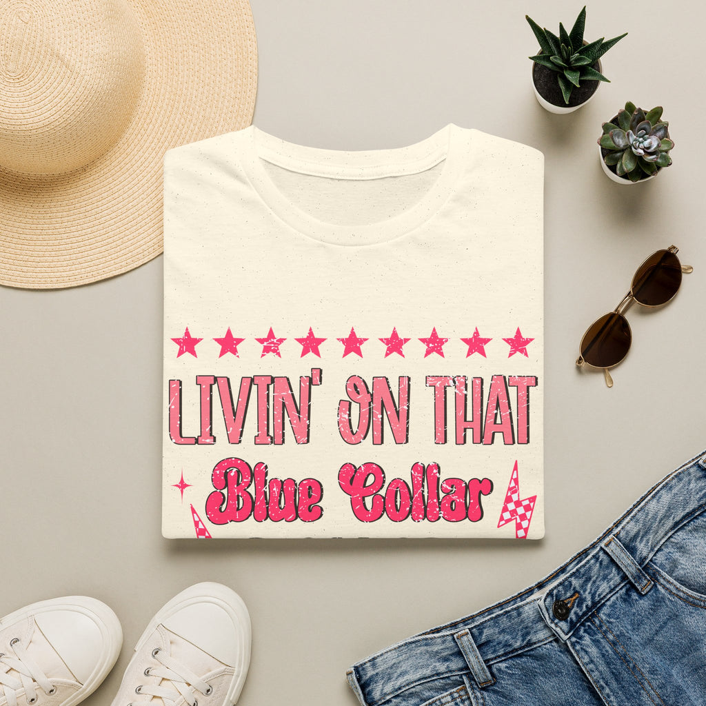 Livin' On That Blue Collar Dollar T-Shirt – Retro Pink Stars Workwear Tee
