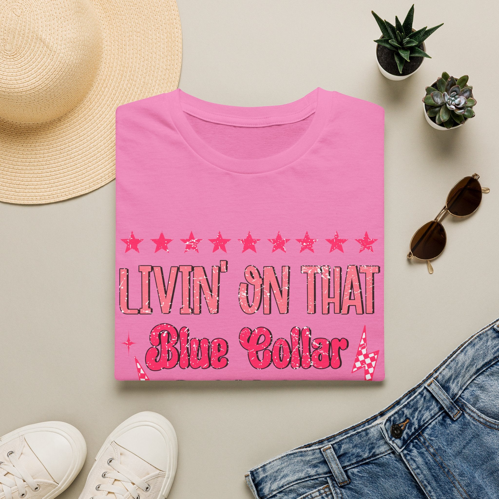 Livin' On That Blue Collar Dollar T-Shirt – Retro Pink Stars Workwear Tee