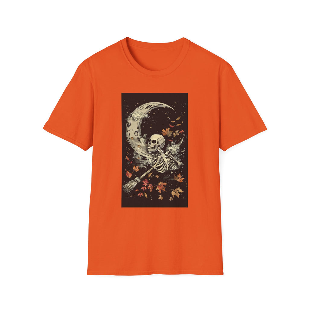 Moon Skeleton T-Shirt — Gothic Skull Crescent Moon Tee with Falling Leaves