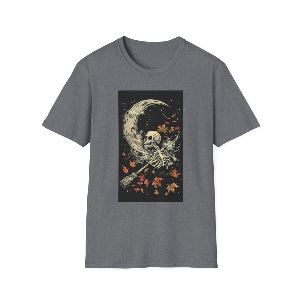 Moon Skeleton T-Shirt — Gothic Skull Crescent Moon Tee with Falling Leaves
