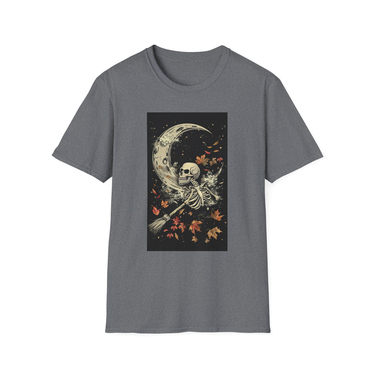 Moon Skeleton T-Shirt — Gothic Skull Crescent Moon Tee with Falling Leaves