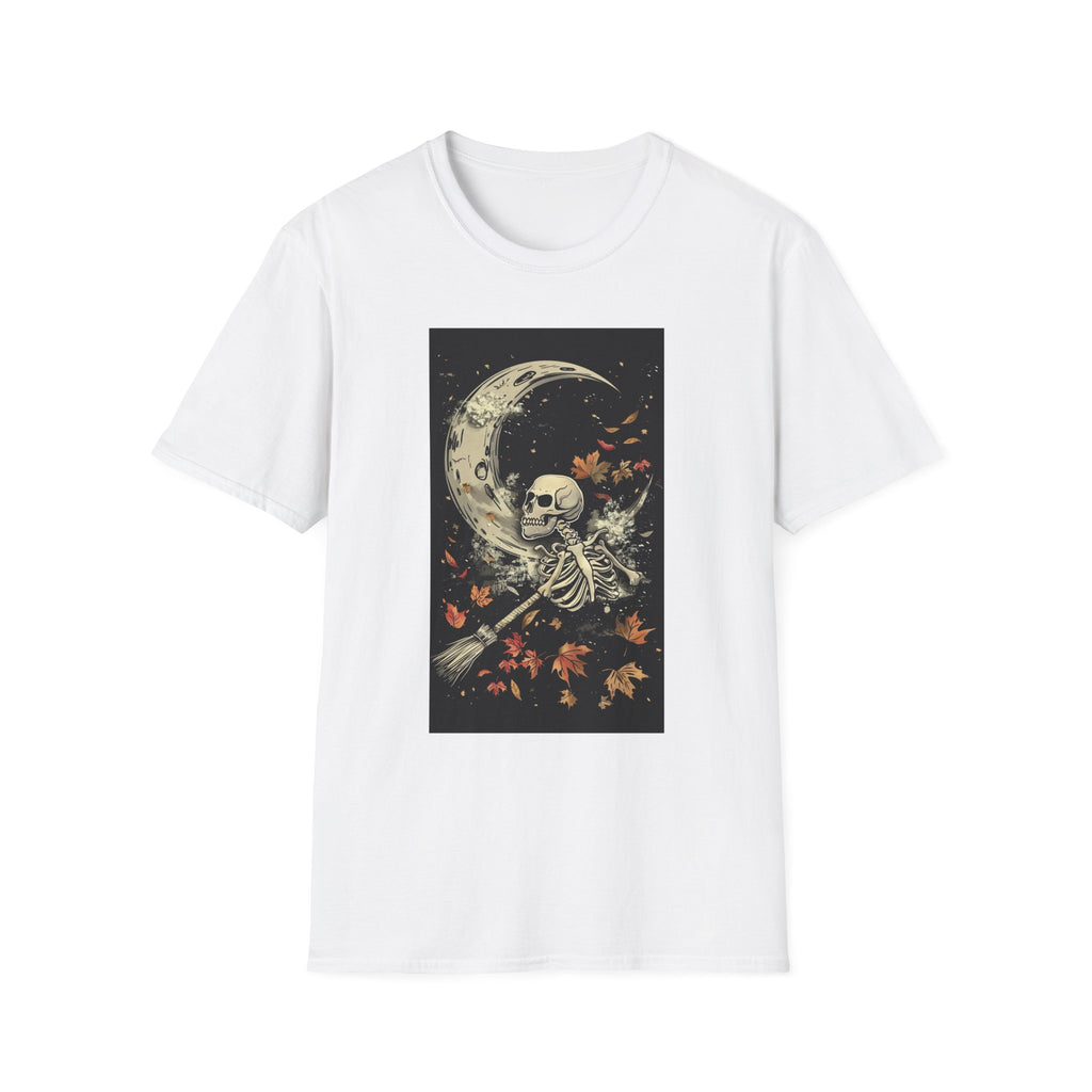 Moon Skeleton T-Shirt — Gothic Skull Crescent Moon Tee with Falling Leaves