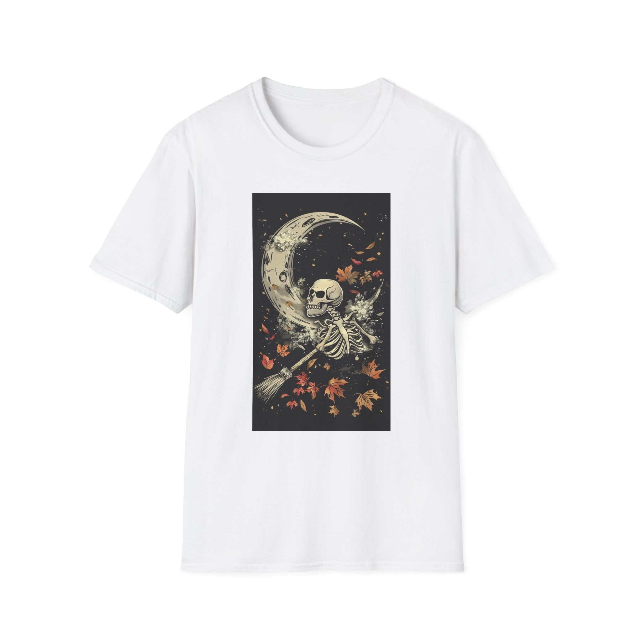 Moon Skeleton T-Shirt — Gothic Skull Crescent Moon Tee with Falling Leaves